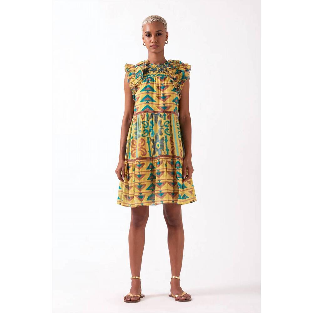 NEW ASH & EDEN olga mini tiered dress in yellow /teal